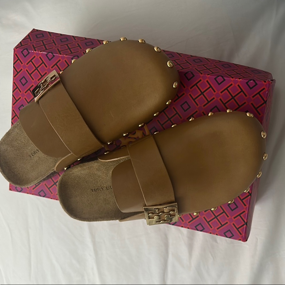 Tory Burch Brown Clogs with Gold Accents